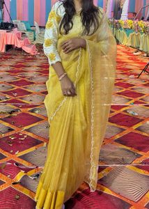 Beautiful Yellow Saree with Embroidered Blouse