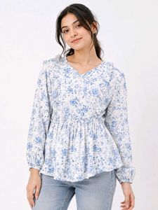 Blue Floral Print Peplum Top