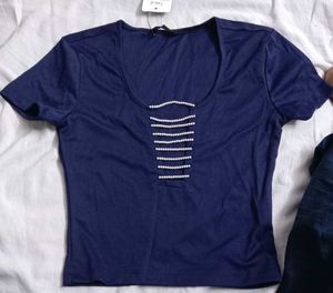 XS size Chic Navy Blue Pearl Embellished Top