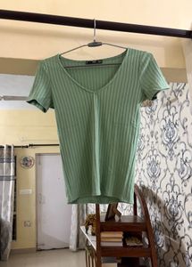 Light Green Ribbed V-Neck Top