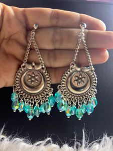 Bohemian Silver Dangle Earrings with Blue Beads