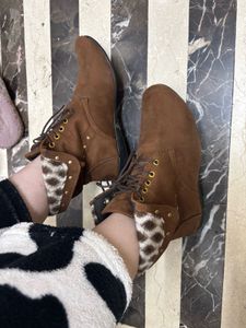 Brown Ankle Boots with Leopard Detail
