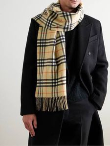 Beige Checkered Winter Scarf with Fringes