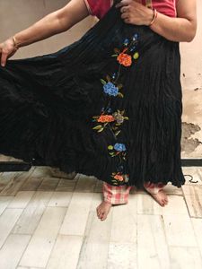 Embroidered Black Cotton Maxi Skirt