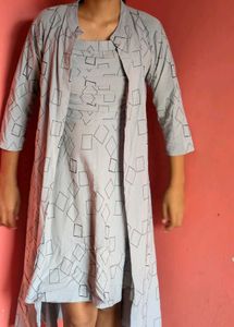 Grey Geometric Print Dress with Overlay