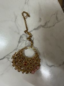 Exquisite Gold Maangtika with Pink Stones