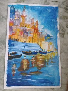 Vibrant Varanasi Ghats Watercolor Painting