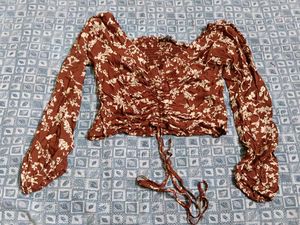 Brown Floral Ruched Long Sleeve Top