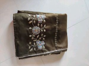 Embroidered Olive Green Saree white blouse