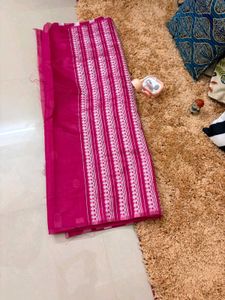Assam Saree Vibrant Pink with White Mot