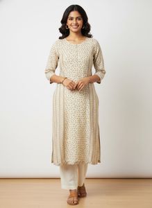 Beige Cotton Kurta with Polka Dots