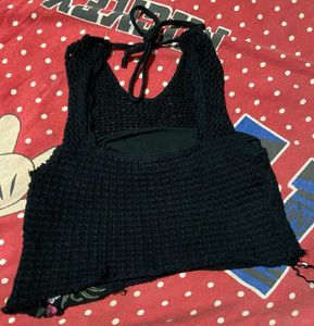 Black Crocheted Floral Crop Top🩷