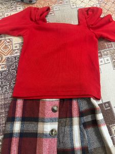 Red Cold Shoulder Top &amp; Plaid Skirt Set