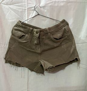 Olive Green Distressed Denim Shorts