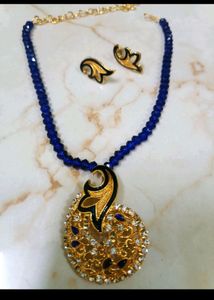 Brand New Blue Diamond Cut Necklace With Earing
