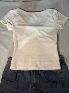 White Top with Red Trim &amp; Bow Detail