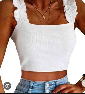 White Ribbed Crop Top with Ruffle Straps