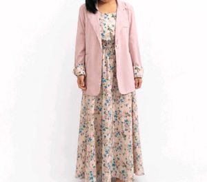 Chic Floral Maxi Dress with Pink Blazer