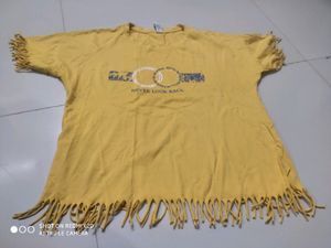 yellow fringe style printed top