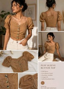 Chic Brown Puff Sleeve Button Top