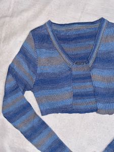 Blue Striped Cropped Cardigan