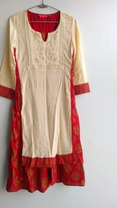 Elegant Cream Kurta with Red joint Skirt
