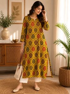 Vibrant Yellow Printed Kurta pant set
