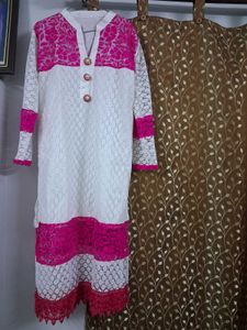 Elegant White & Pink Lace Kurta