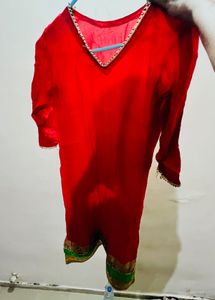 Vibrant Red Kurta with Golden Trim