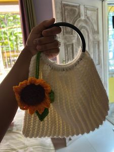 Crocheted White Handbag with Sunflower Charm