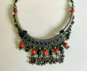 Boho Oxidized Silver Beaded Choker Necklace
