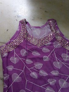 Purple Leaf Print Embellished Gown