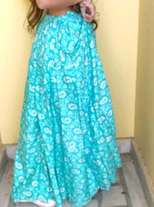 Sea Green Flower Print Look Long Ethnic Skirt