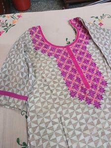 Beige with Pink Embroidery Cotton Kurta