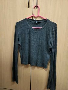 Chic Grey Ribbed Long Sleeve Top