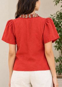 Red Puff Sleeve Top with Embellished Collar