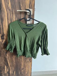 Green Smocked Cropped Top