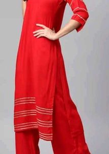 Red Kurta with Golden Stripes and Kuchi Pa