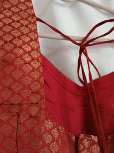 Red Brocade Blouse with Embellished Neckline
