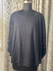 A.N.A Black Cotton Top with Embroidered Sleeves
