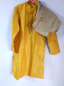 Manyavar Men's Yellow Kurta with Beige Pants