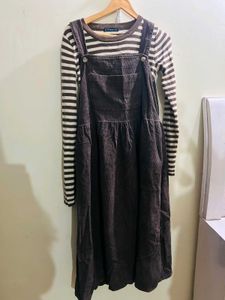 Women's Striped Long Sleeve Top &amp; Brown Overalls
