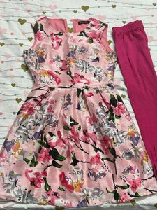 Sassafras Pink Floral Dress with Leggings Set