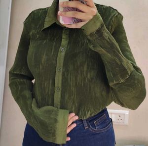 ZARA Green Pleated Long Sleeve Top