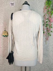 Cream Cable Knit V-Neck Sweater