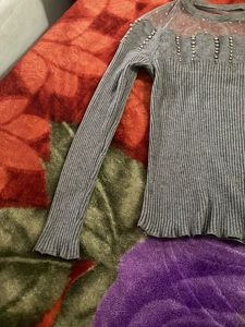 Gray Ribbed Knit Top with Pearl Detail