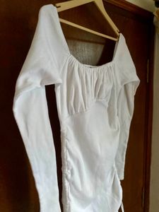 Ruched White Long Sleeve Mini Dress