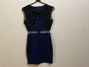 Navy Blue Lace Trimmed Bodycon Dress