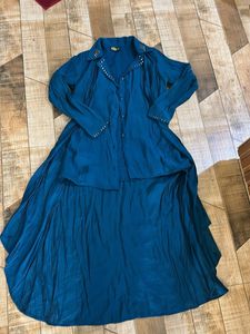 Bohemian Teal Kurta Set with Embellished Collar