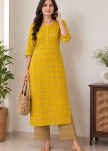 Pretty Yellow Checked Kurta Set